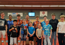 ASC Grünwettersbach 2 beendet starke Saison in der 3. Bundesliga Tischtennis mit Heimsieg Group of children and teens posing for a photo in a gym, some wearing athletic jerseys, on a red floor with banners in the background.